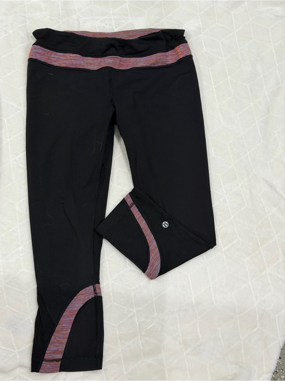 lululemon athletica Black Capri Leggings with Pink-Multicolor Waist & Hem Bands